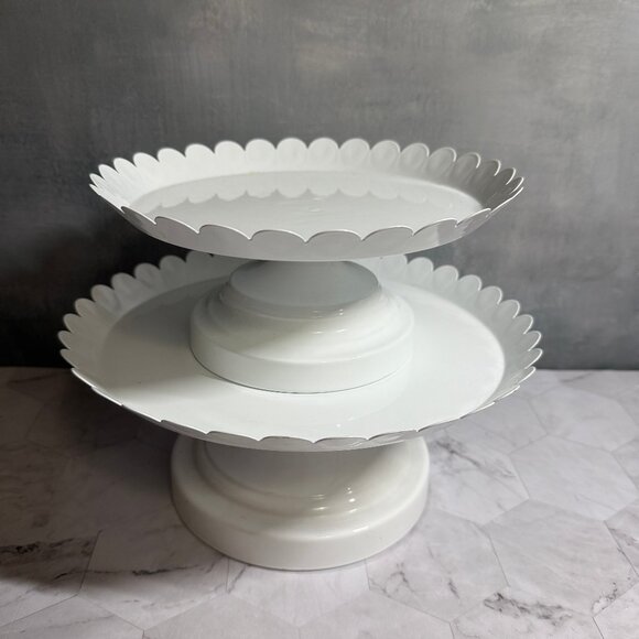2 Scalloped Edged Pedestal White Cake or Dessert Stands Metal 10” & 8” OSD - Picture 3 of 8